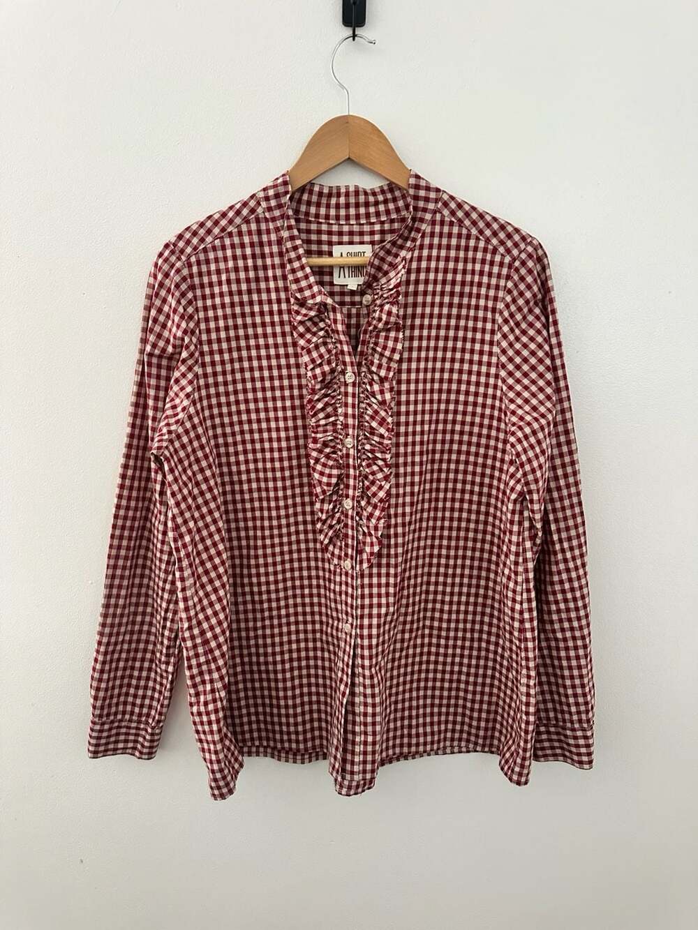 A Shirt Thing Red Gingham Ruffle Front Button Down Shirt Size L - 100% Cotton